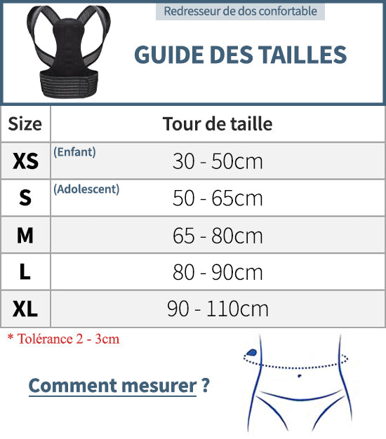 Guides des tailles redresseur de dos confortable