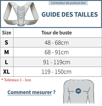Guide des tailles correcteur postural dos